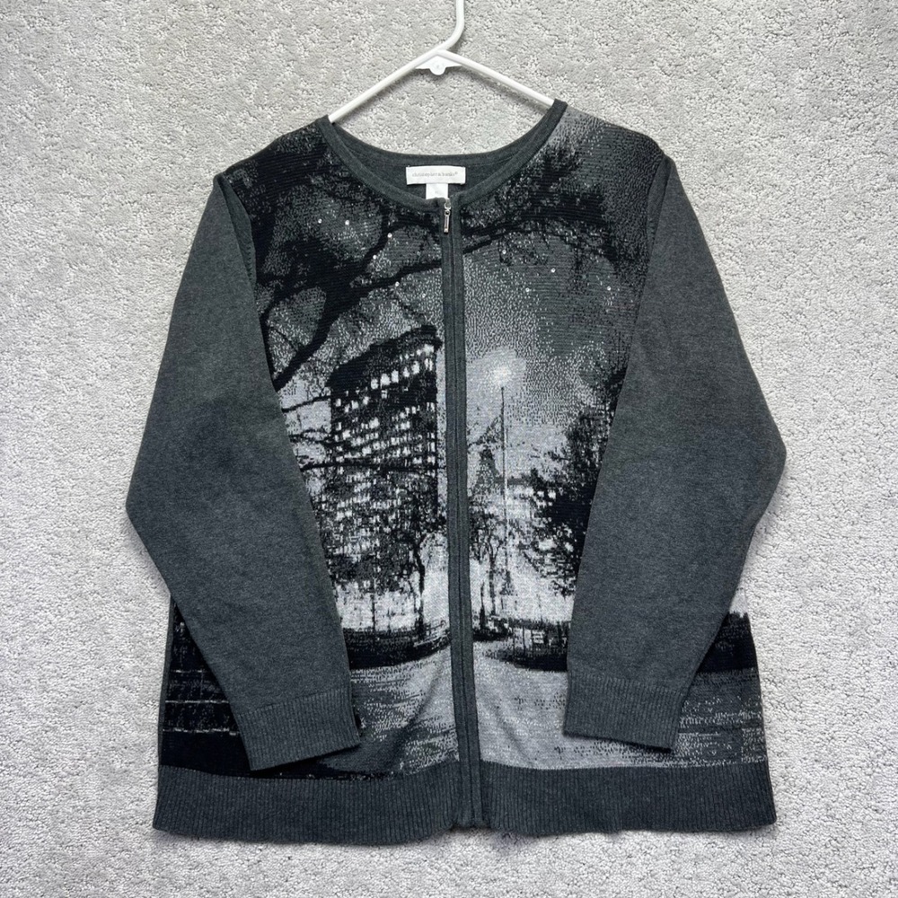 Christopher & Banks Cardigan Womens XL Gray Cityscape Sequin Zip Up Cotton Knit